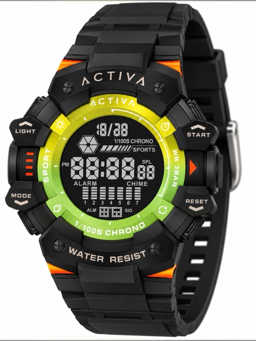 Activa Digital Unisex Sports Watch in Black with Green and Orange Accents